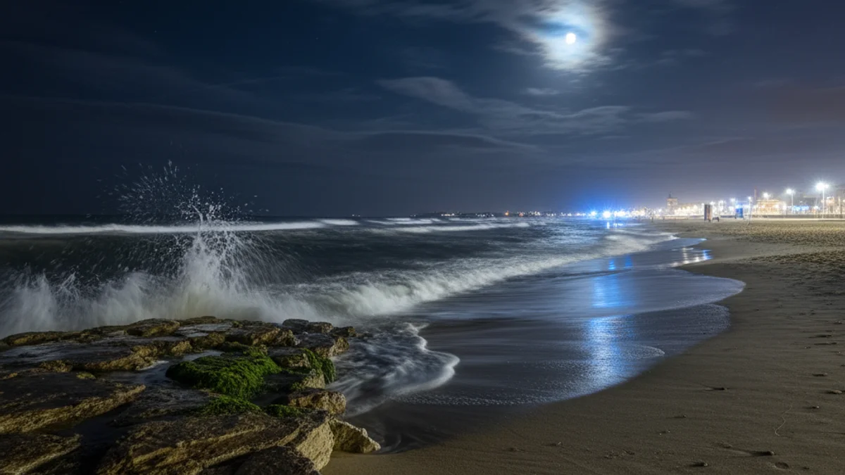 Generic image of the pier area at Somorrostro beach in Barcelona at night.