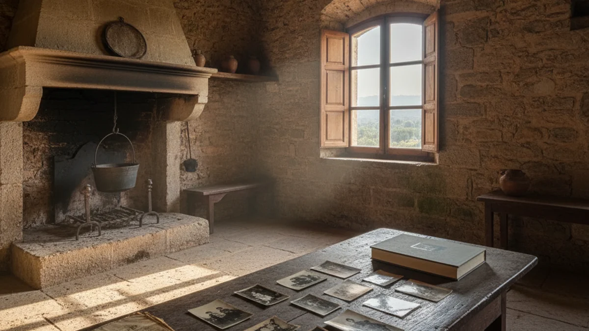 Imagen genérica de una masia tradicional catalana con documentos antiguos sobre una mesa.