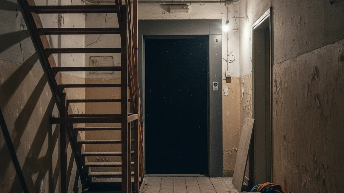 Imatge genèrica de l'interior d'un edifici amb obres d'instal·lació d'un ascensor paralitzades.