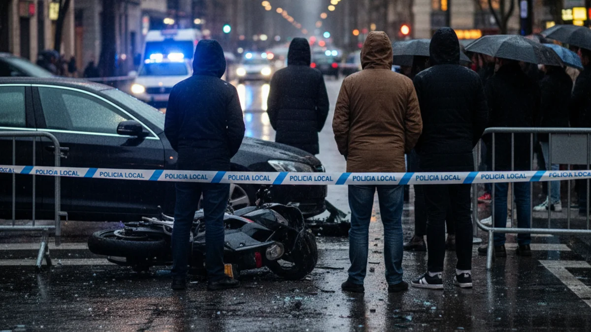 Imagen genérica de un accidente de tráfico nocturno con luces de emergencia y una motocicleta en el suelo.
