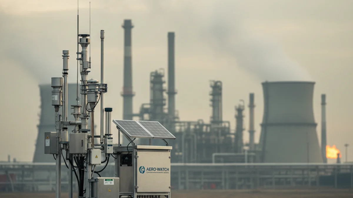 Imatge genèrica d'una estació de mesurament de la qualitat de l'aire prop d'un polígon industrial.