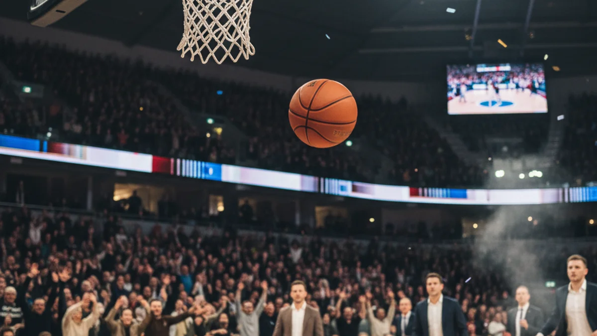 Imatge genèrica d'una cistella de bàsquet durant un partit amb públic al fons.