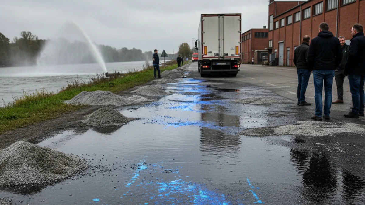 Imatge genèrica d'un vessament de combustible a la calçada amb un camió al fons.