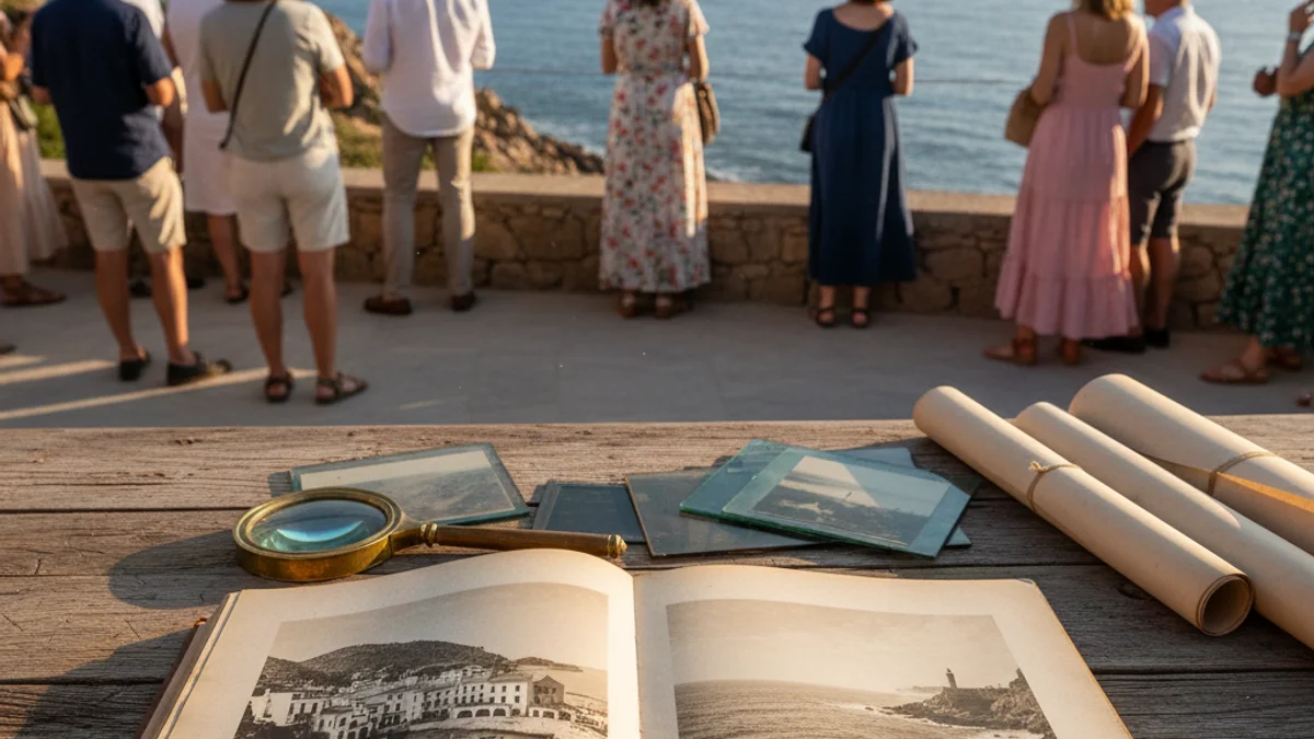 Generic image of an open book with old sepia-toned photographs of a coastal village.