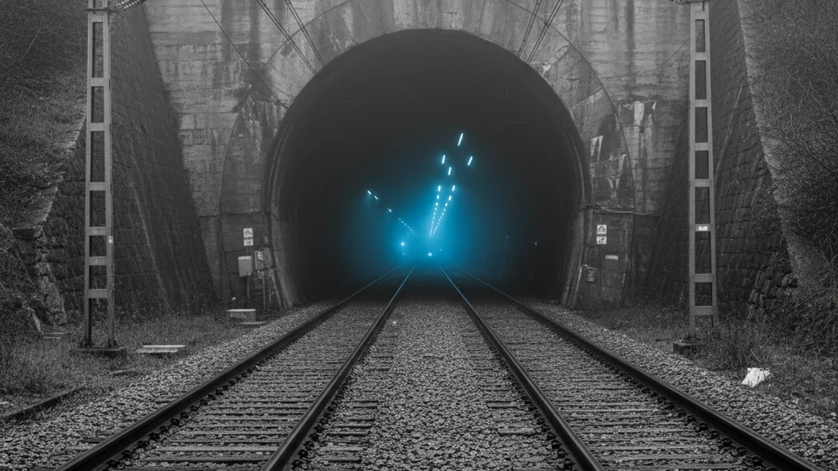 Generic image of train tracks at the entrance of a railway tunnel with overhead lines.
