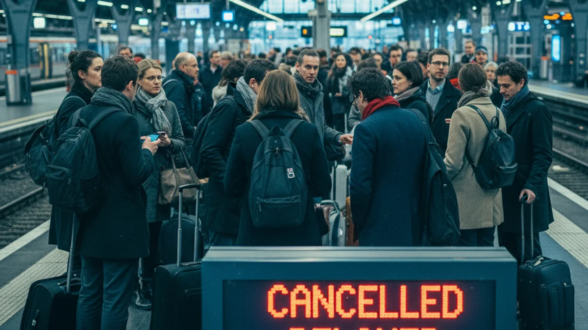 Generic image of a train station with passengers waiting during a service disruption.