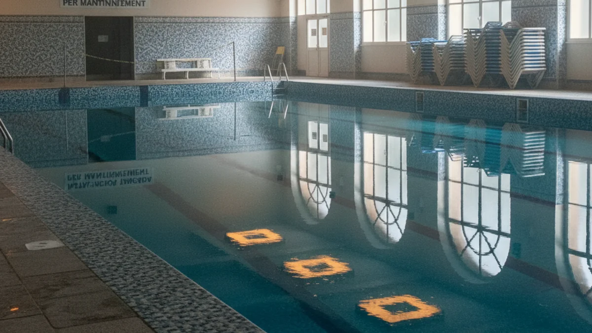 Generic image of the interior of an empty indoor swimming pool with still water.