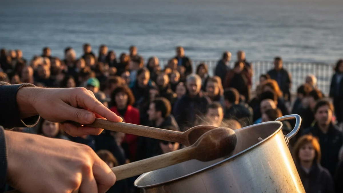 Imagen genérica de una cacerolada de protesta con el mar de fondo.