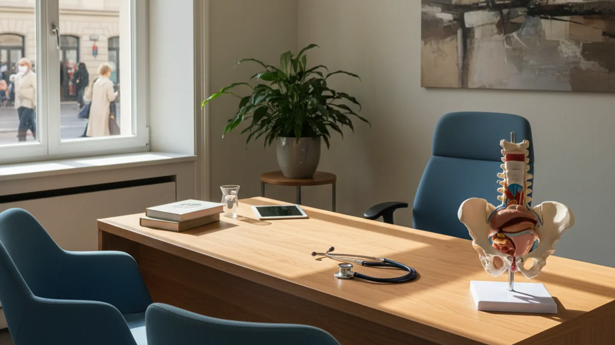 Imatge genèrica d'una consulta mèdica amb un model anatòmic de la pelvis femenina.