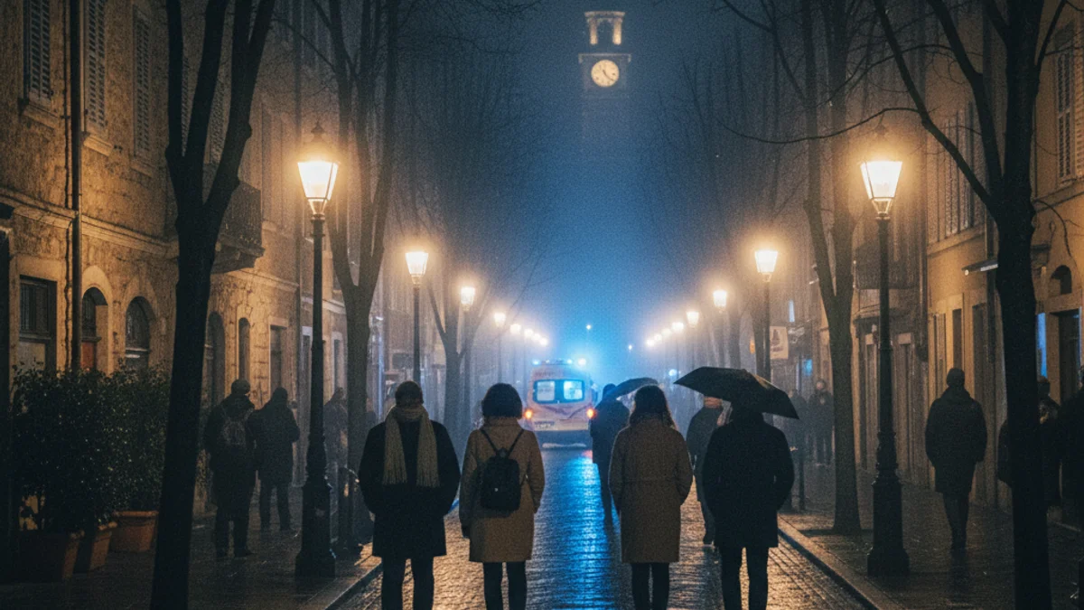 Generic image of a residential street at night with blurred blue emergency lights in the background.