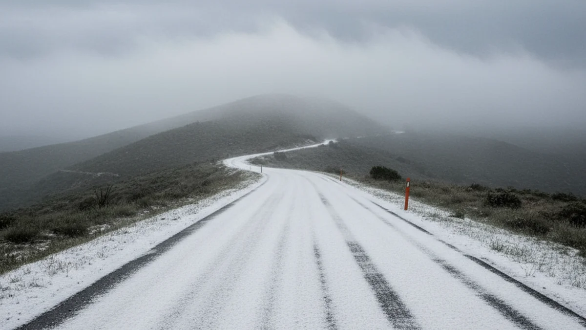 Imatge genèrica d'una carretera de muntanya completament coberta per una capa blanca de granissa sota un cel tempestuós.