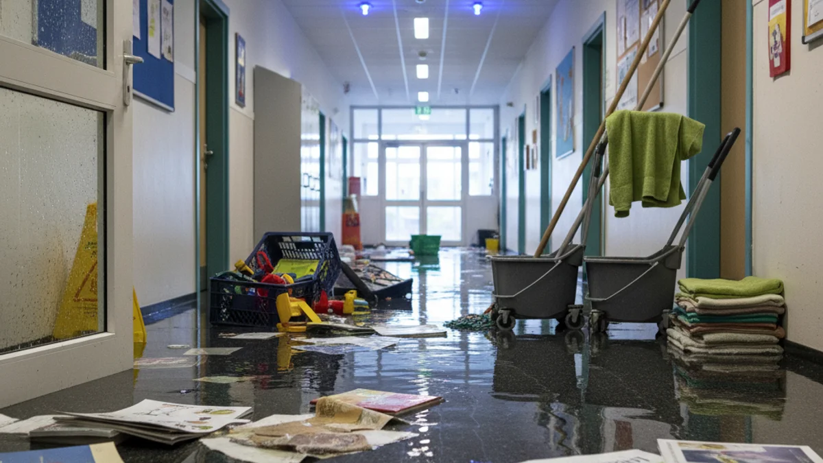 Imatge genèrica d'un passadís d'escola amb aigua a terra i material educatiu malmès.