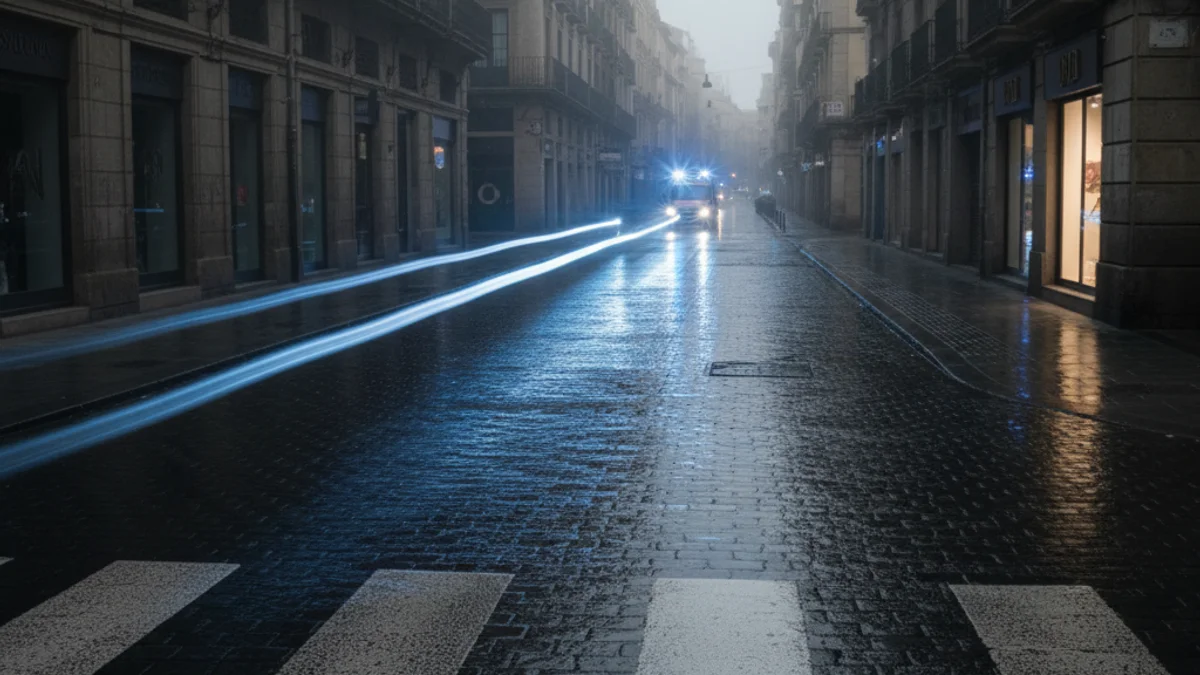 Imatge genèrica d'un carrer amb llums d'emergència blaus difuminats en un pas de vianants.