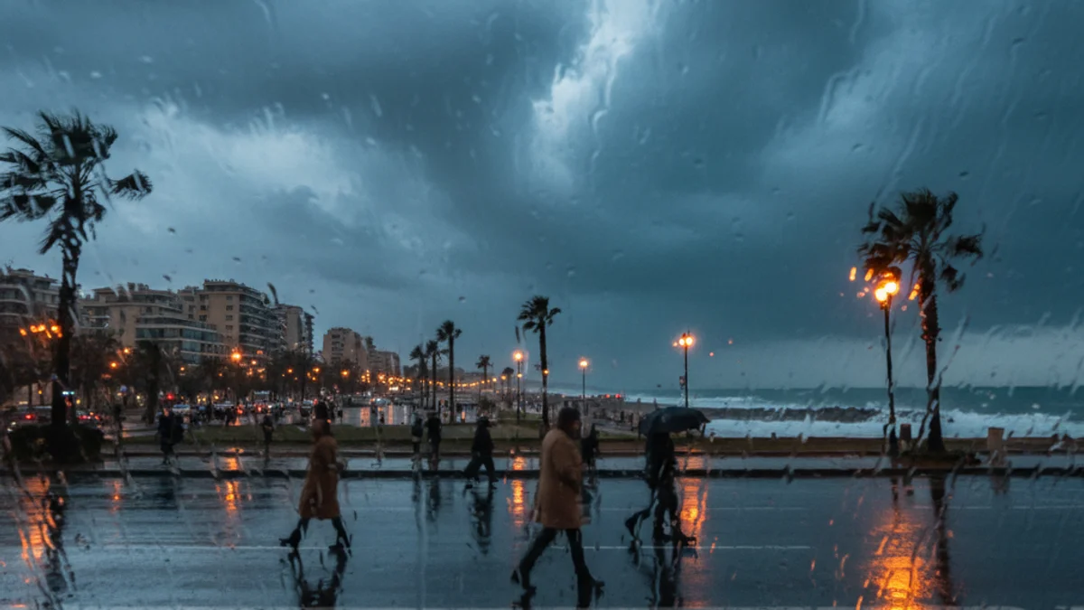 Generic image of a cloudy and rainy sky over a coastal area.