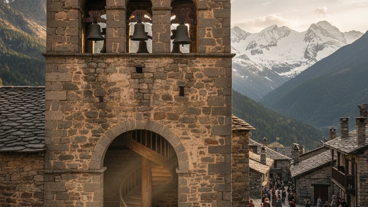 Imagen genérica de un campanario de piedra de estilo románico situado en un entorno de montaña.