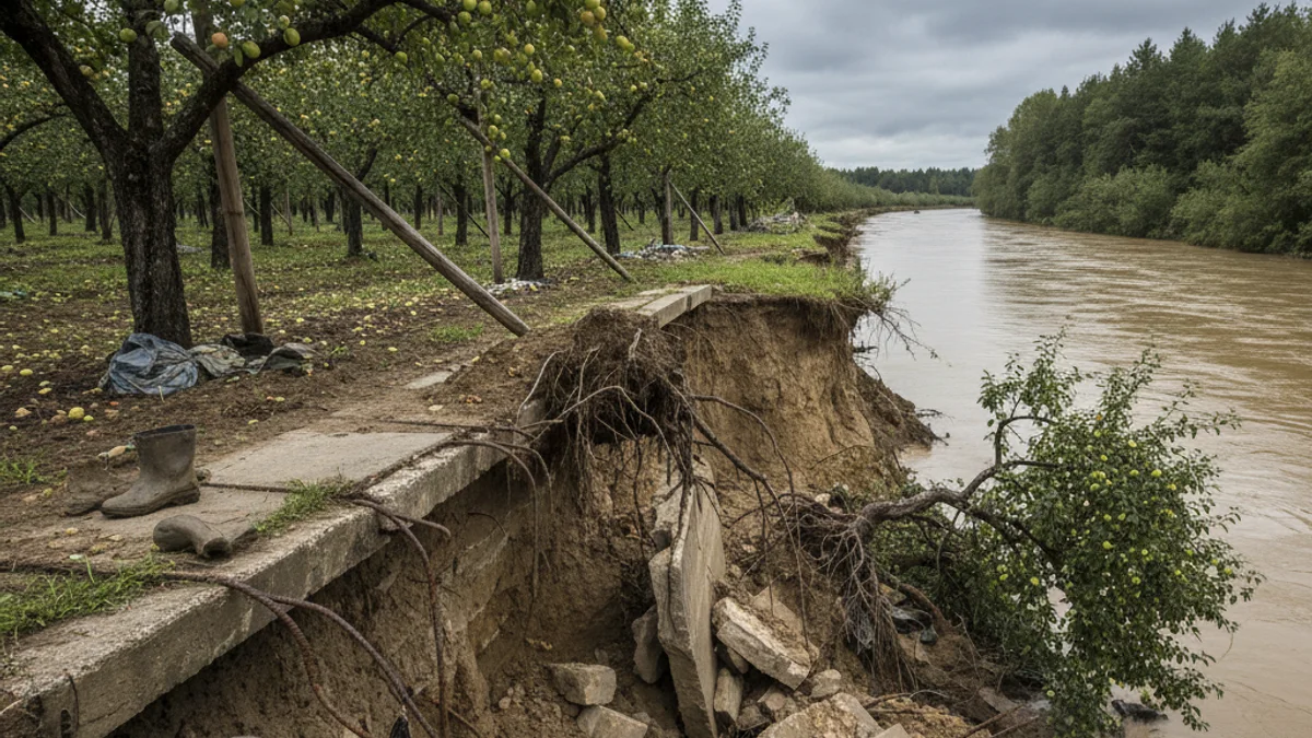 Imatge genèrica d'un camp de pomeres afectat per l'erosió d'una mota fluvial després d'un temporal.