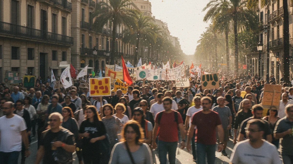 Generic image of a workers' protest through a city center.