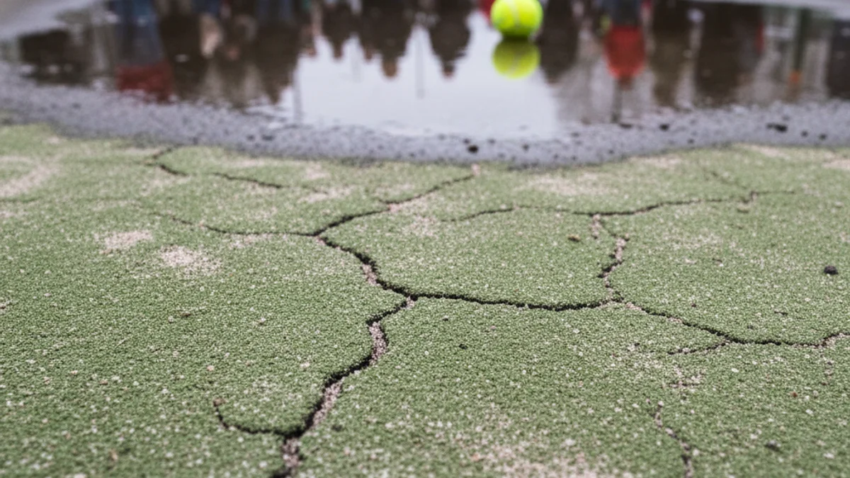 Imagen genérica de una pelota de pádel en un charco de agua junto a una pista con el suelo degradado.