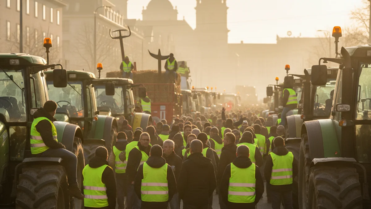 Imatge genèrica d'una mobilització social amb la presència de tractors en un entorn urbà.