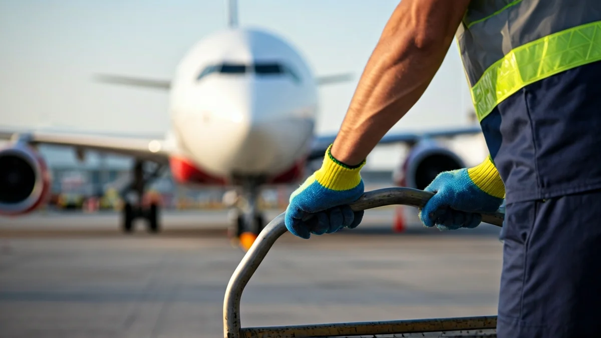 Imatge genèrica d'un treballador de serveis de terra d'aeroport empenyent un carro de maletes a la pista.