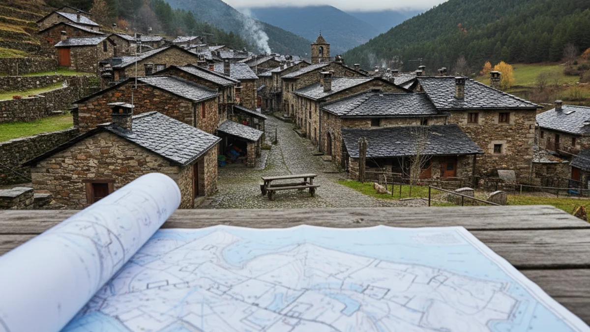 Imatge genèrica d'un poble de muntanya amb un plànol urbanístic en primer pla.