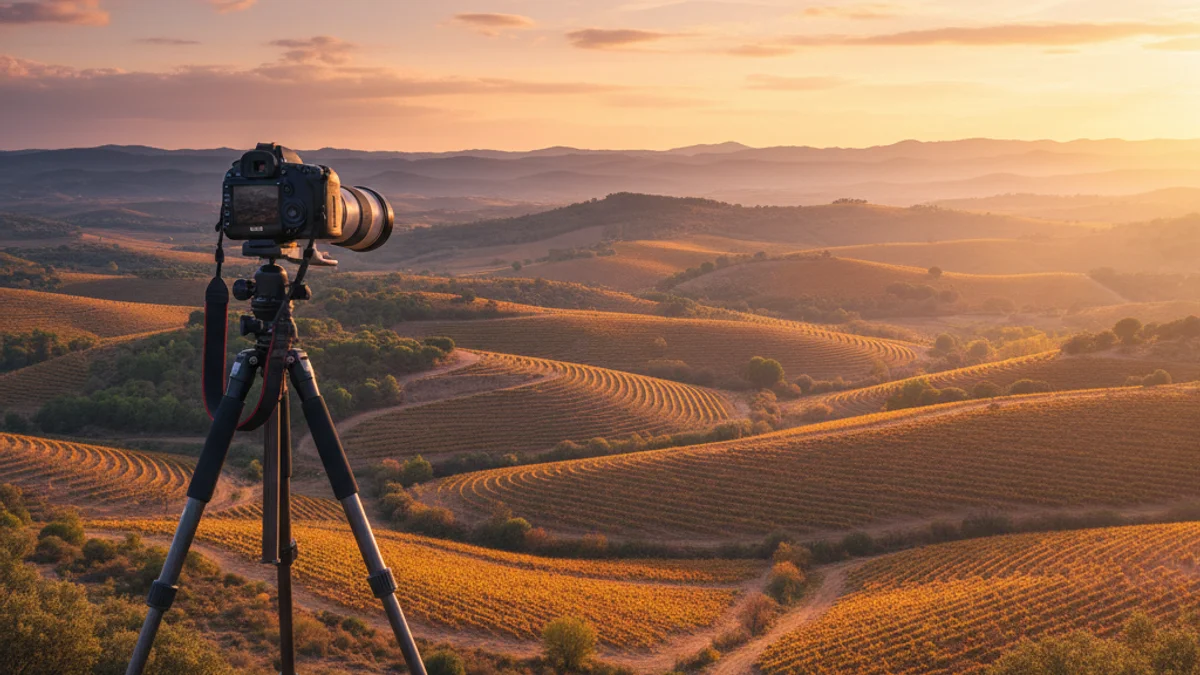 Imatge genèrica d'una càmera fotogràfica capturant un paisatge natural de vinyes.