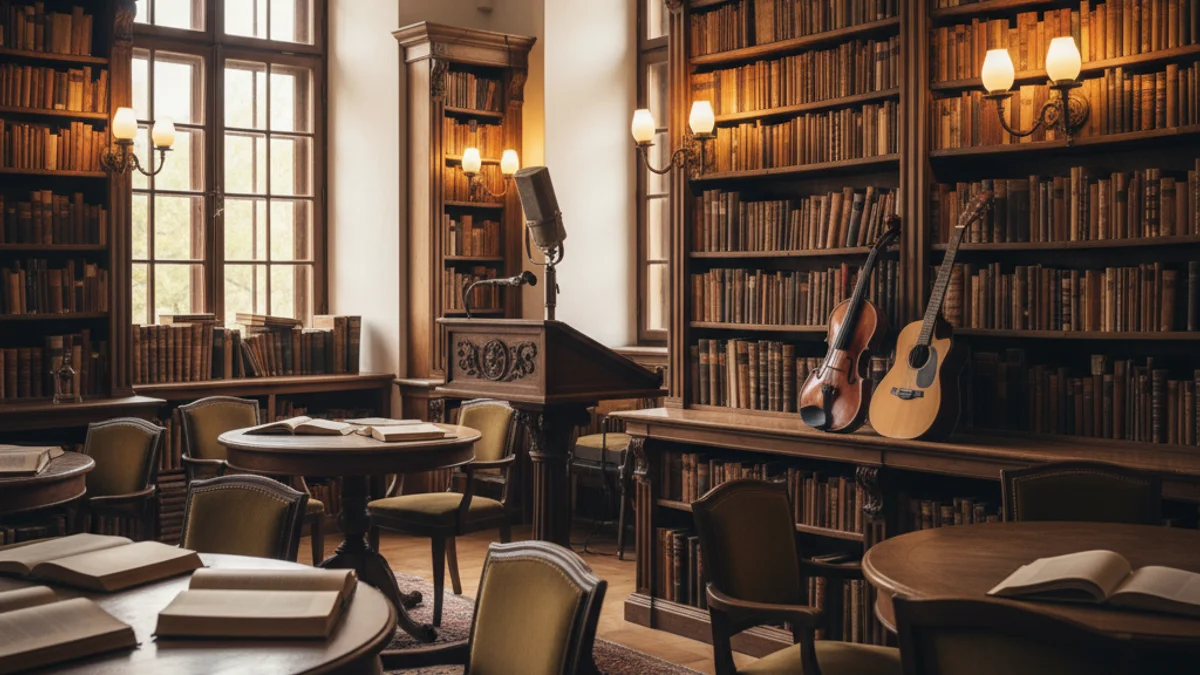 Generic image of a cultural space with books and musical instruments prepared for a recital.