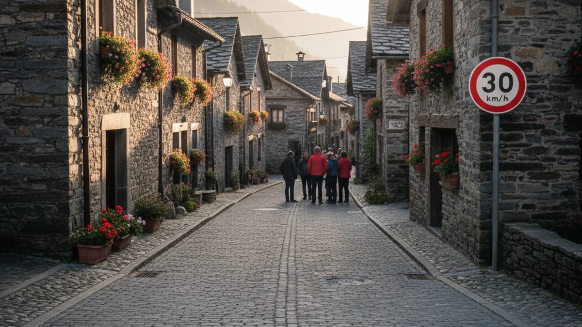 Generic image of a traffic-calmed street with reduced speed signage.