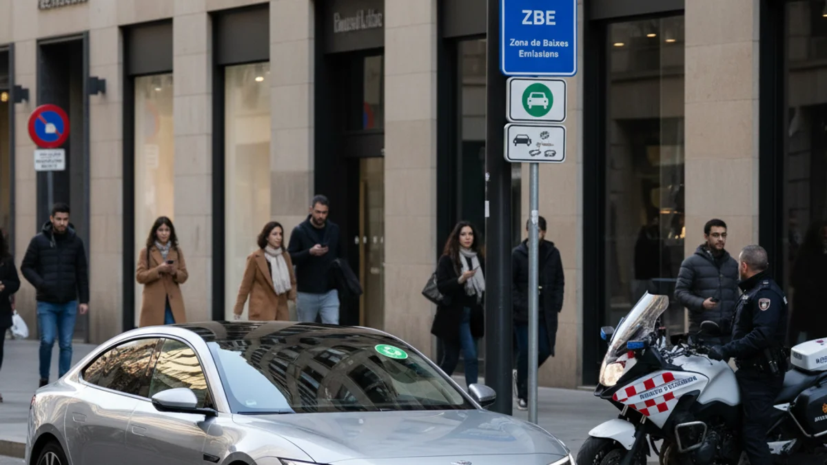 Imatge genèrica d'un vehicle circulant per una zona de baixes emissions amb control de càmeres.