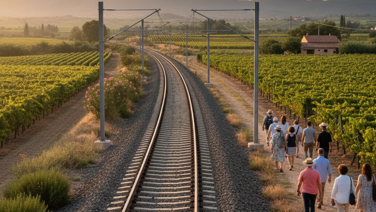 Imatge genèrica d'unes vies de tren que travessen un paisatge de vinyes.