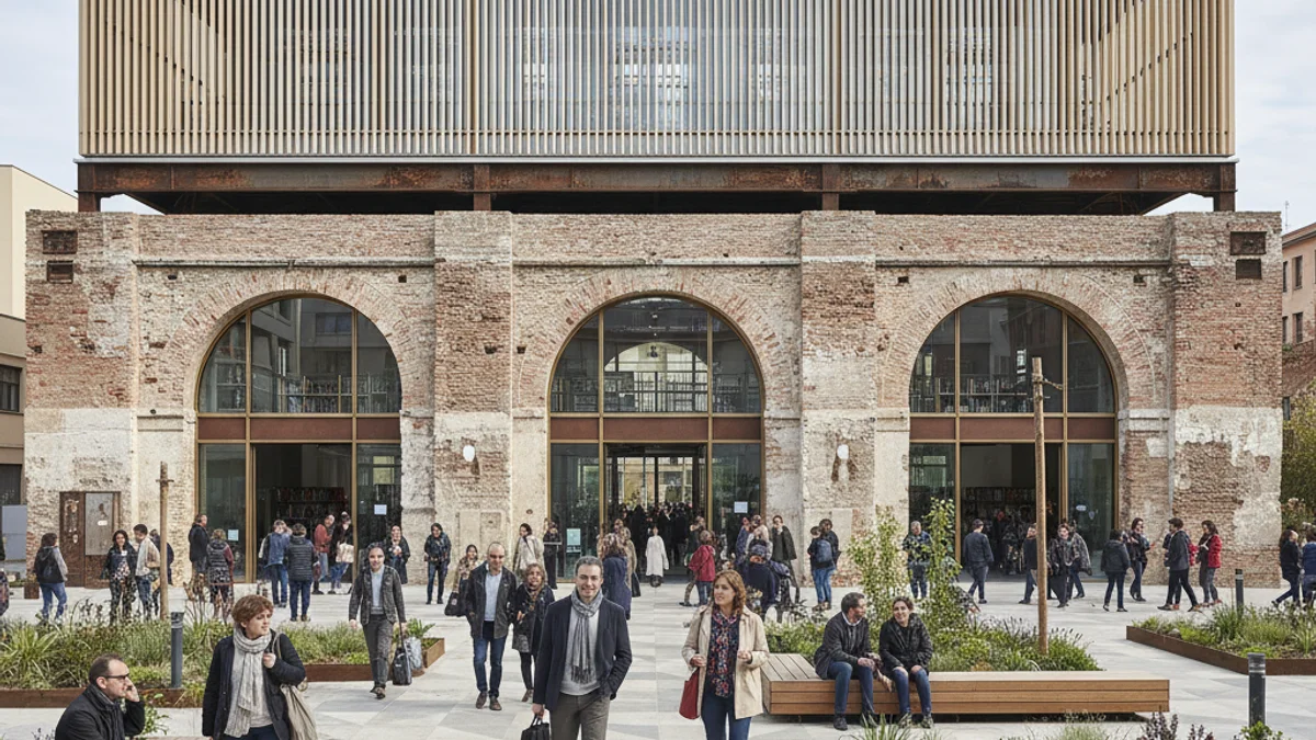 Imagen genérica de la fachada de una biblioteca moderna con criterios de sostenibilidad y placas solares.