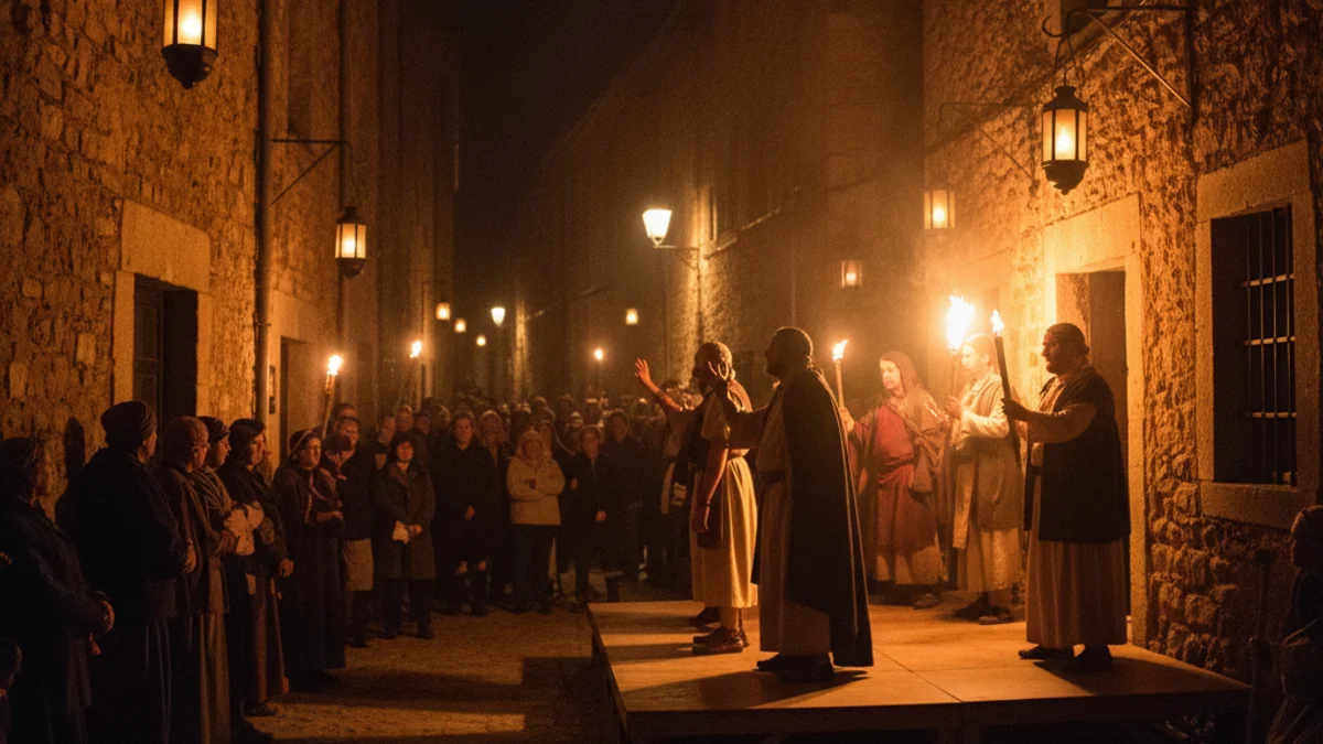 Imatge genèrica d'una representació teatral nocturna als carrers d'un nucli històric il·luminat amb torxes.