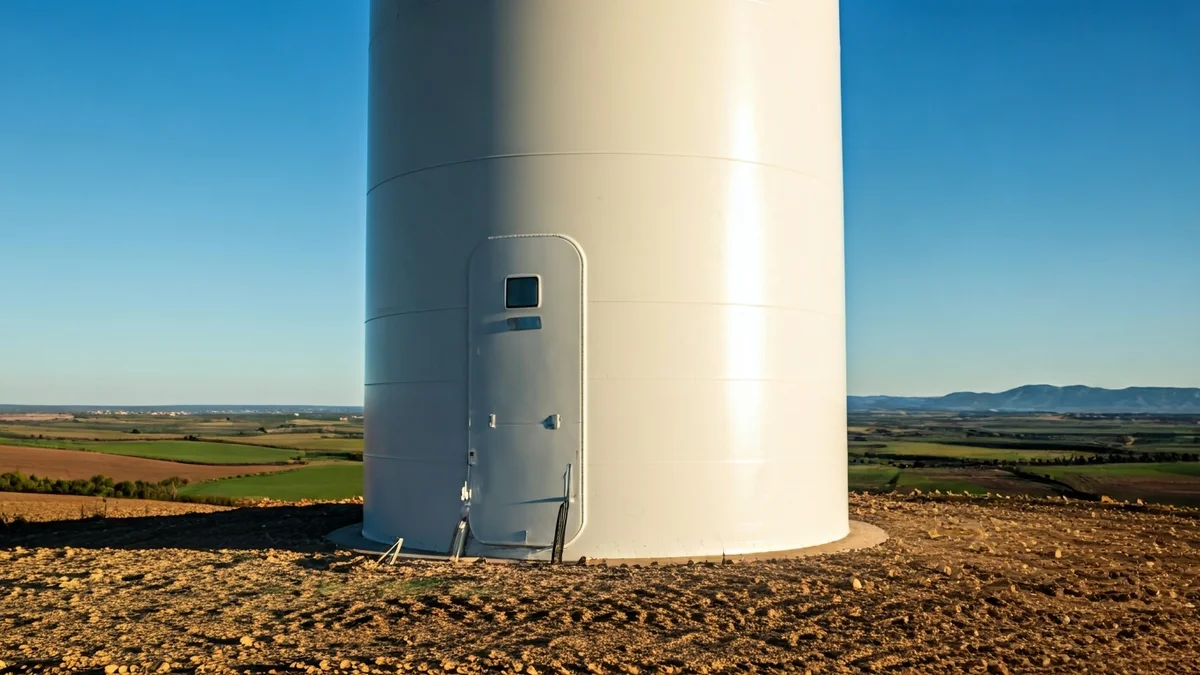 Imatge genèrica de la base d'un aerogenerador en un paisatge rural.