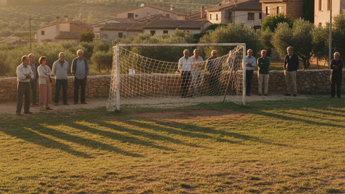 Imagen genérica de un balón de fútbol en un campo municipal de un pueblo pequeño.
