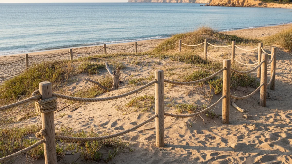 Imatge genèrica d'un tancat de fusta i corda en una platja per protegir la fauna autòctona.
