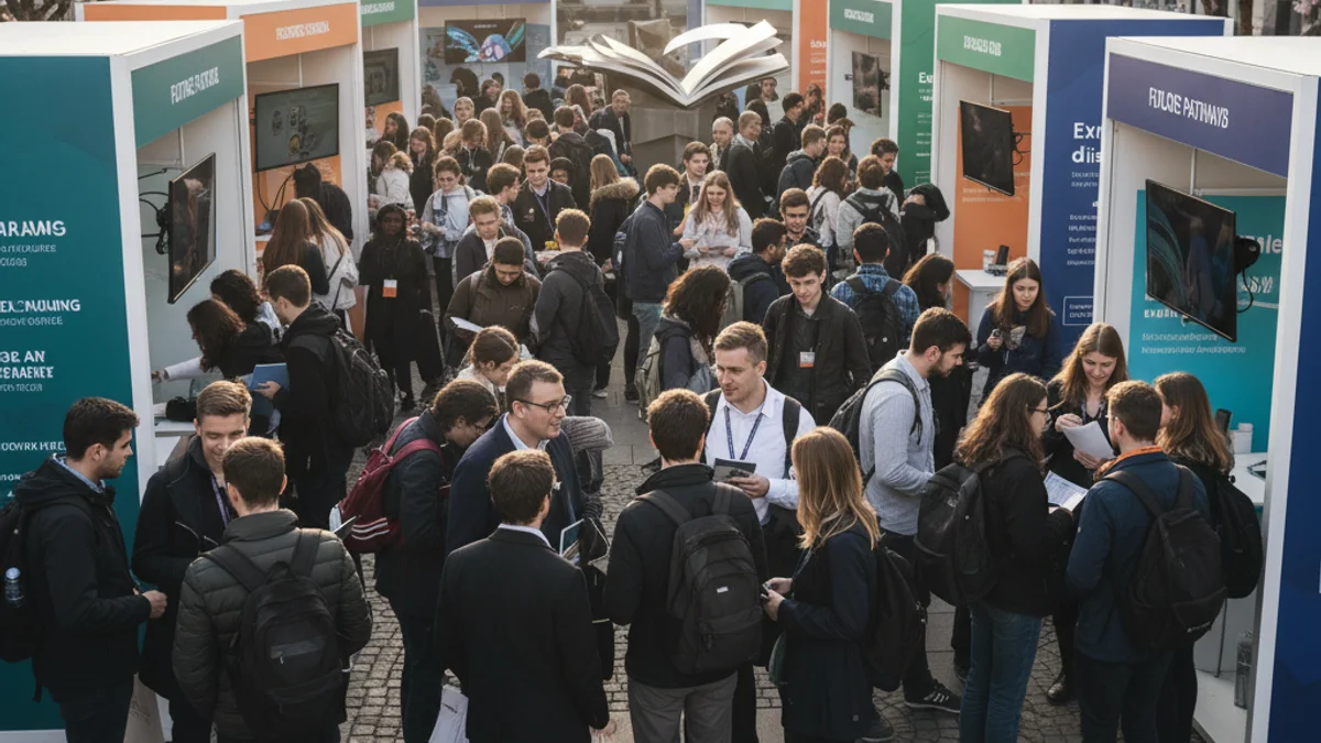 Imatge genèrica d'una fira educativa a l'aire lliure amb joves buscant informació.