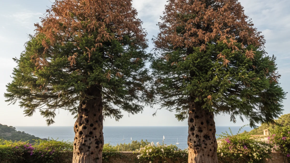 Generic image of two araucaria trees showing signs of dryness and trunk damage in a garden.