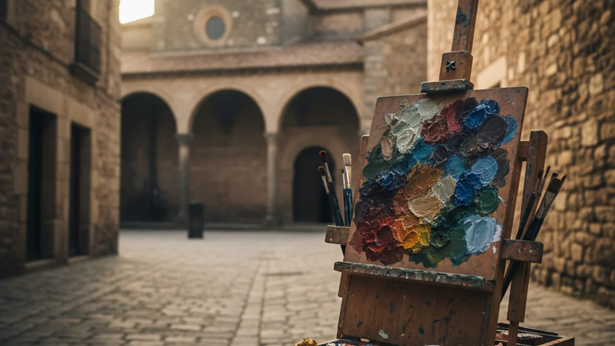 Generic image of a painting easel in a historic street with a monastery in the background.