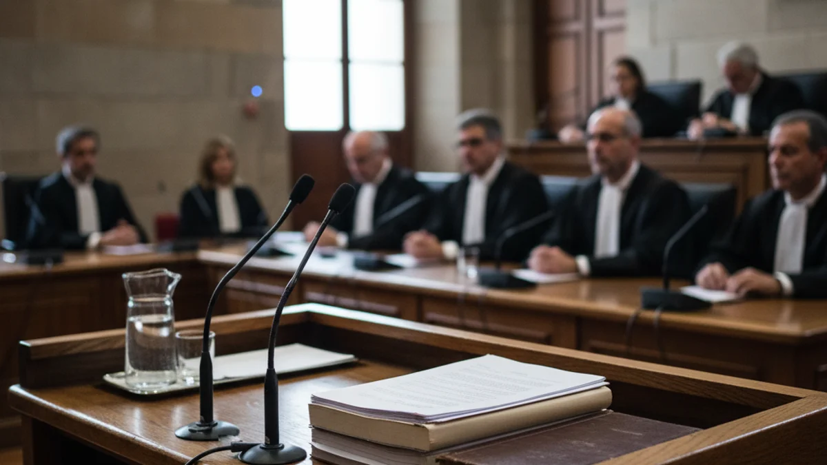 Generic image of the interior of a courtroom during a criminal trial.