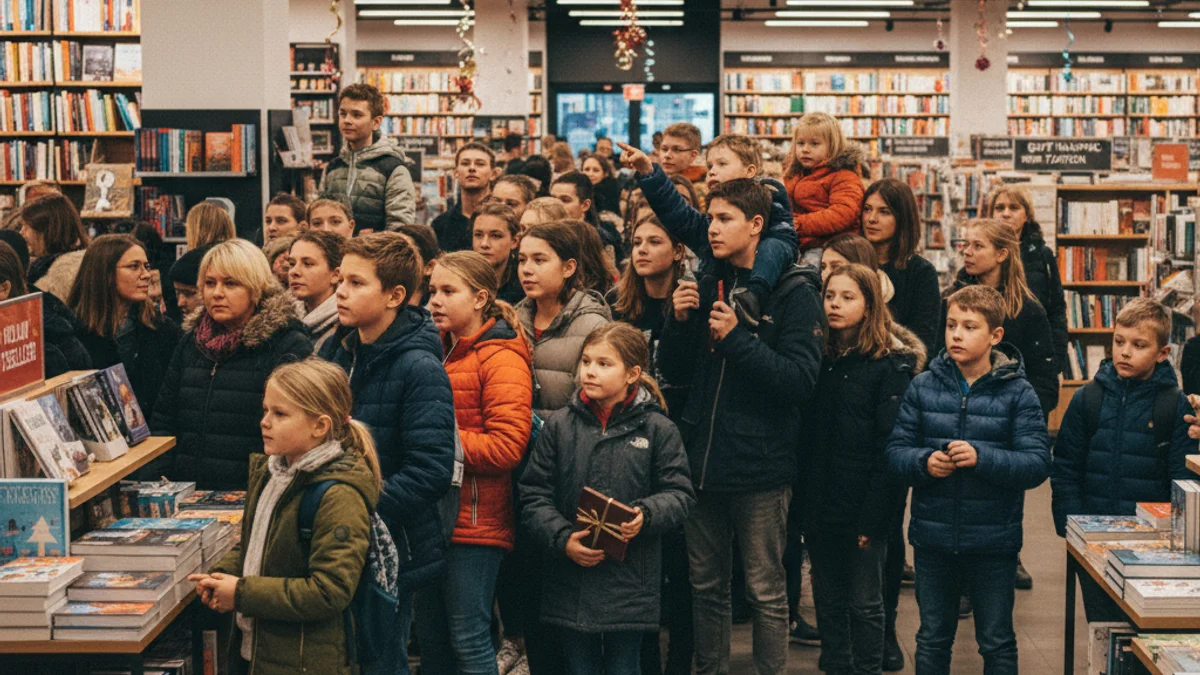 Generic image of a crowd of young people waiting in a bookstore for a book signing event.
