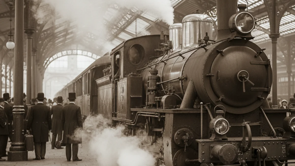 Imatge genèrica d'una antiga locomotora de vapor del segle XIX en una estació històrica.