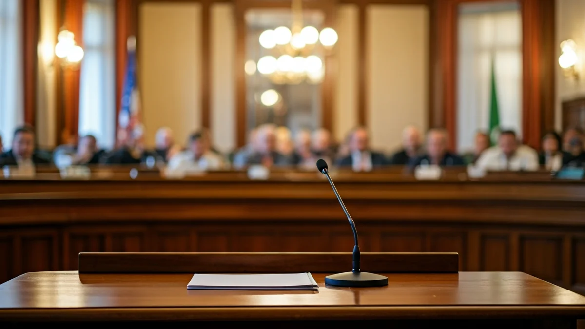 Generic image of a municipal council meeting room with a microphone and documents on a table.