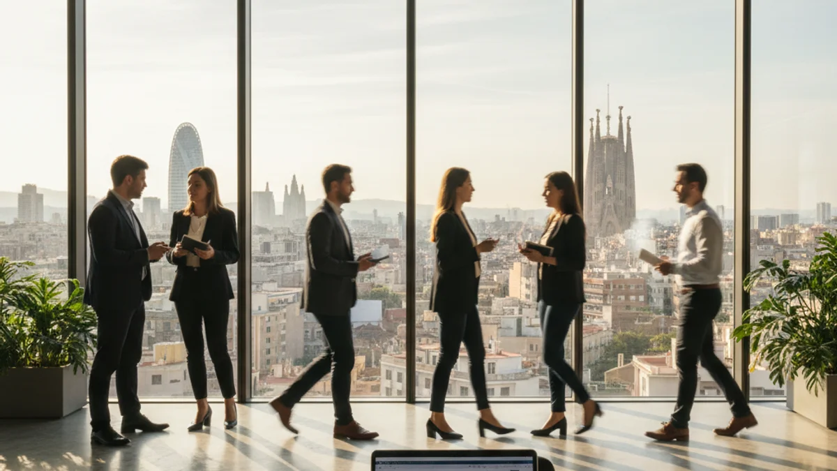 Imatge genèrica d'una oficina moderna amb vistes a la ciutat de Barcelona.