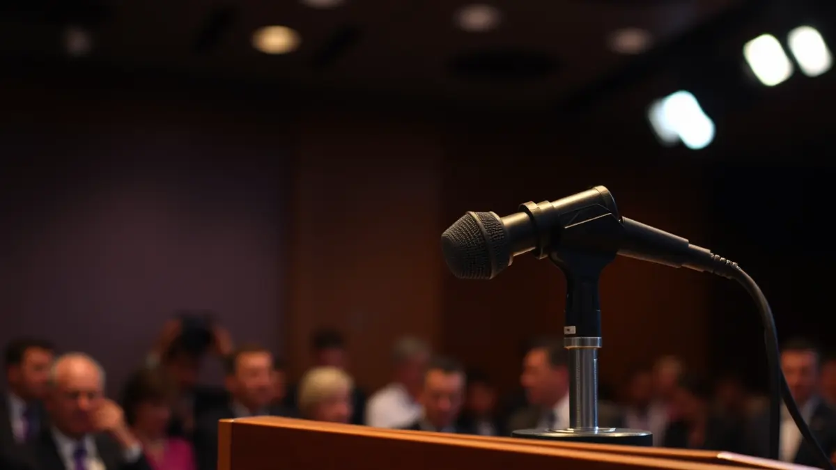 Generic image of a microphone on a podium, symbolizing freedom of expression and public statements.