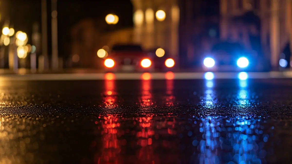 Imagen genérica de luces de emergencia reflejándose sobre el asfalto mojado
