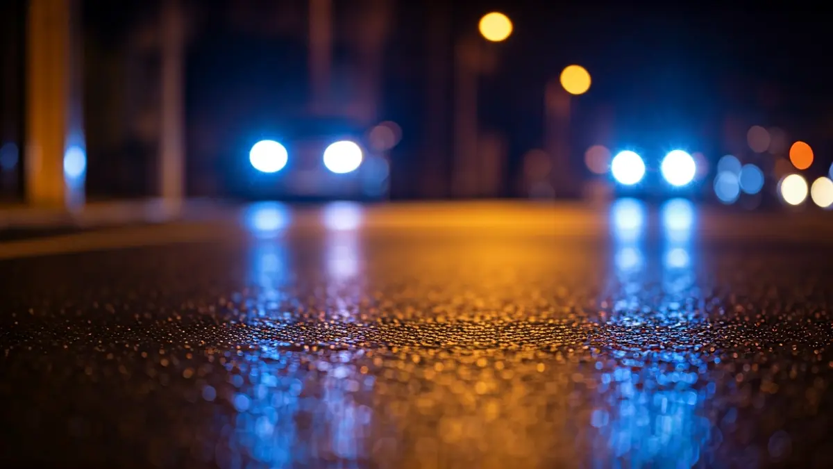 Generic image of emergency lights reflecting on wet asphalt.