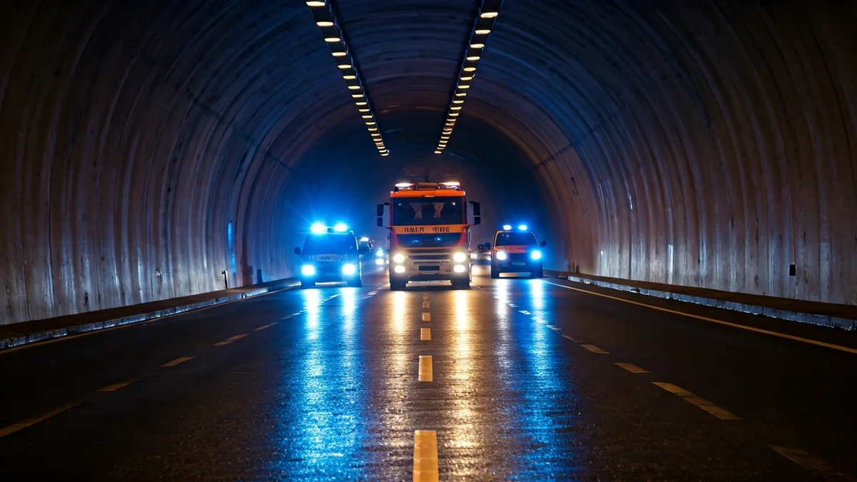 Generic image of emergency lights reflecting on wet asphalt inside a dark tunnel.