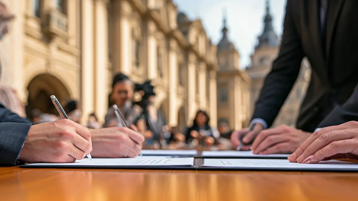 Imatge d'un grup de persones signant un acord en una taula de fusta.