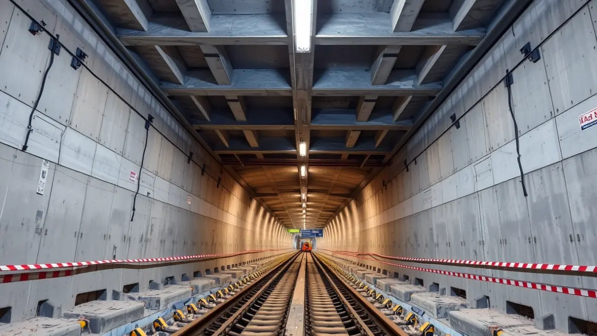 Image of a subway tunnel under construction, with exposed concrete walls and temporary lighting.