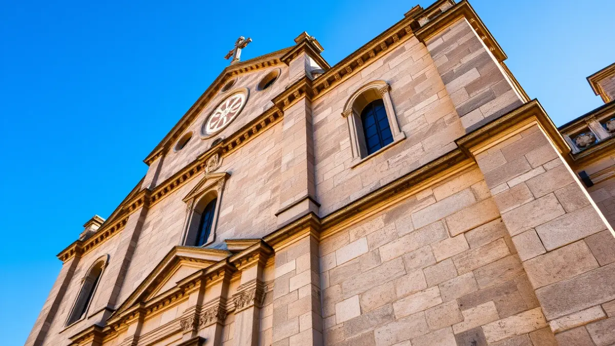 Façana d'una església històrica a les Valls d'Àneu, amb detalls arquitectònics de pedra sota la llum del sol.